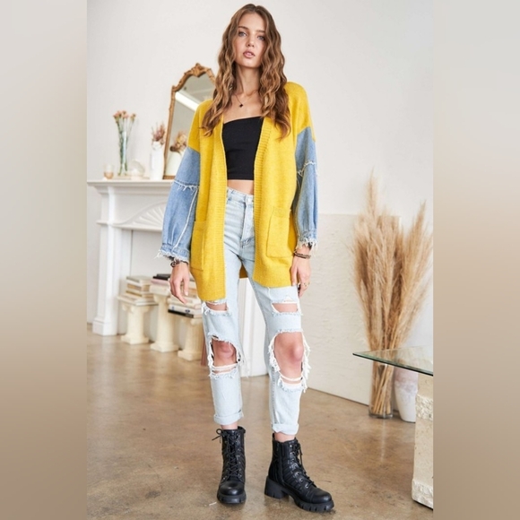 Yellow and Denim Sleeve Women's Sweater - Picture 5 of 6